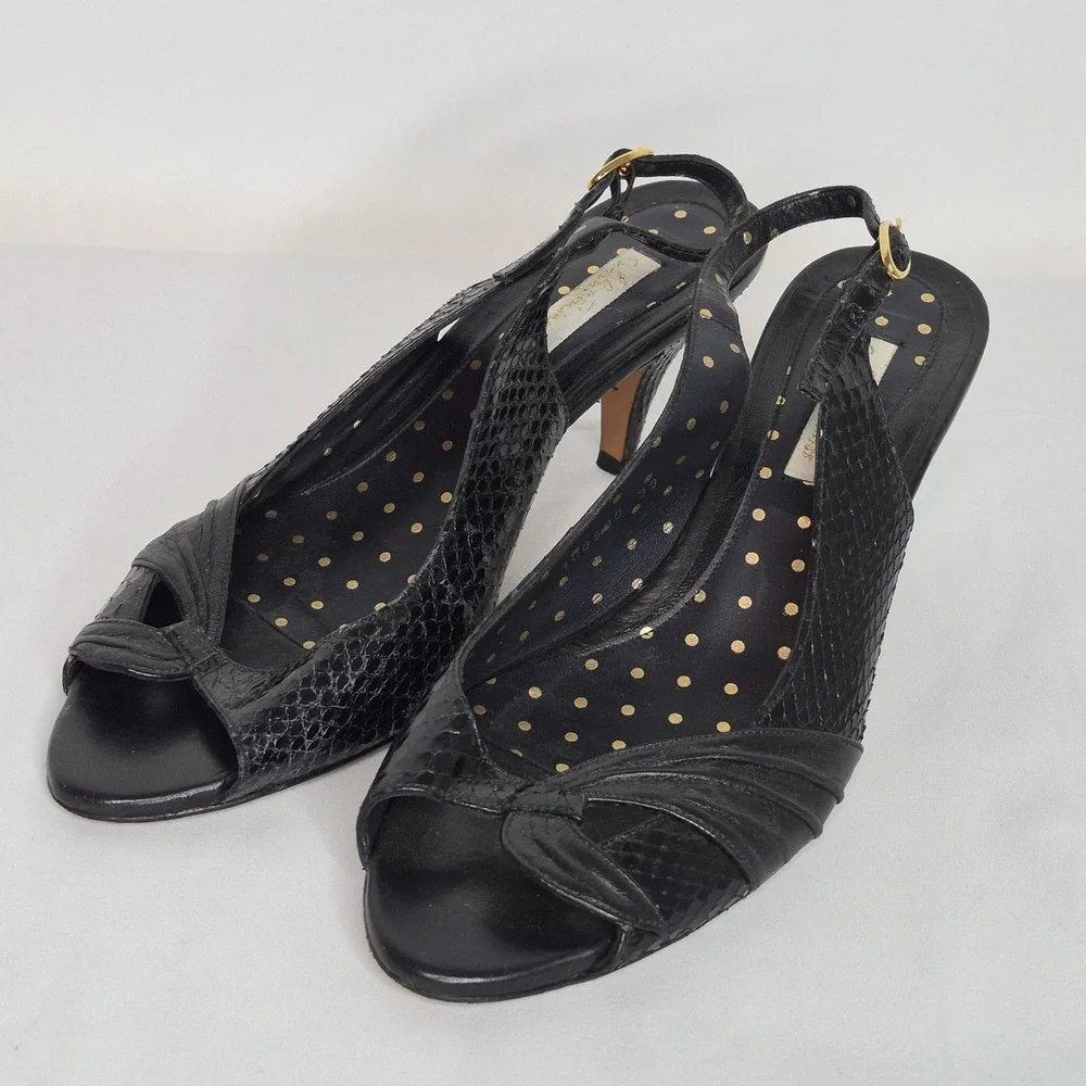 Lulu Guinness Black Snakeskin Leather Slingback Peep Toe Kitten Heels Spain 39